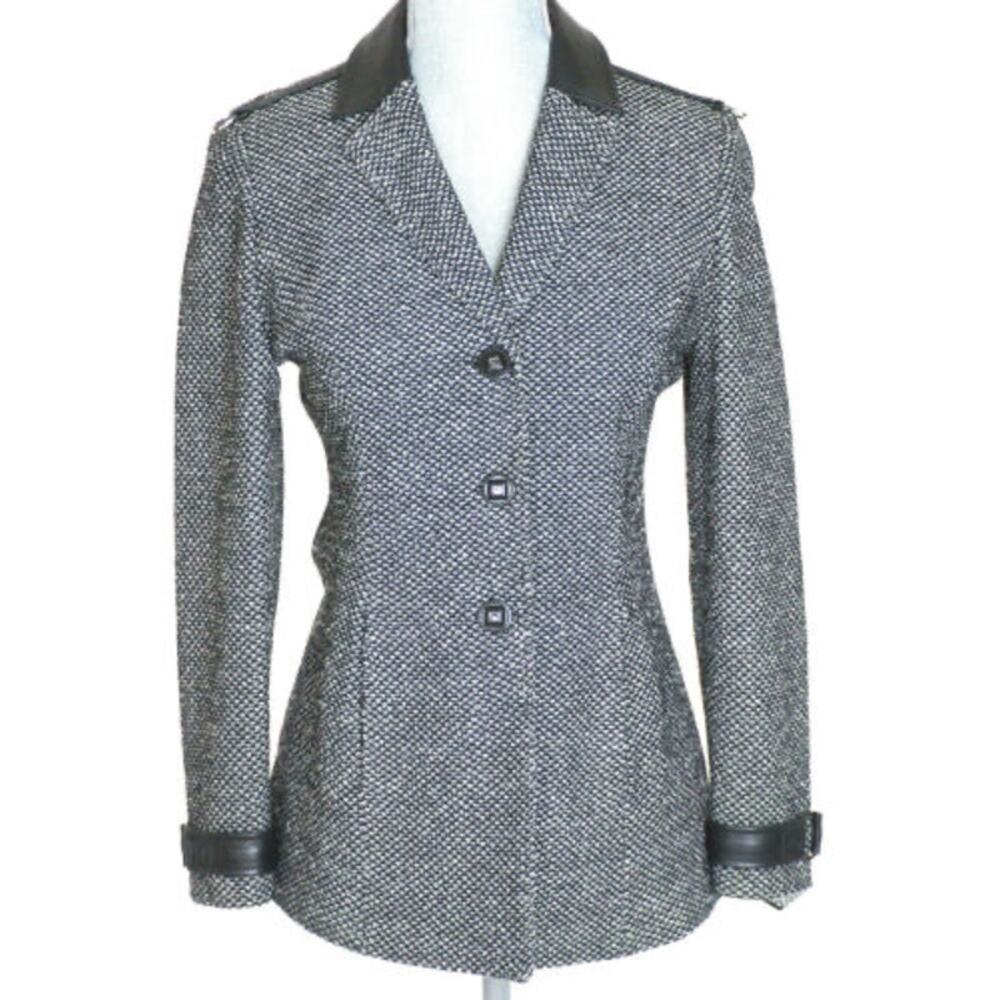 St John Blazer Size 2 Black Leather Detail‎ 3 Button